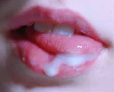Gentle blowjob close-up with cum on lips